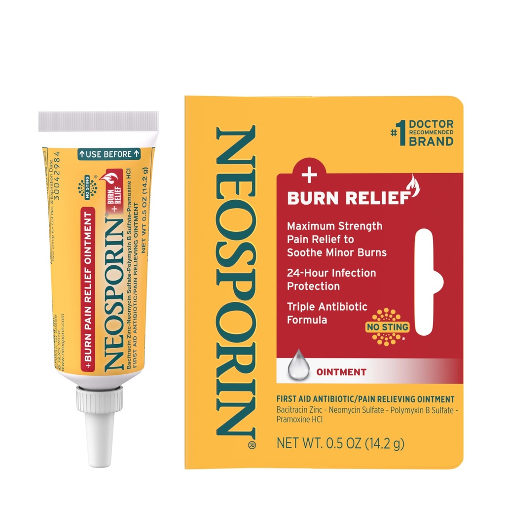 Neosporin + Burn Relief Dual Action Triple Antibiotic Ointment, 0.5 oz | 24-Hour Infection Protection, First Aid Topical Analgesic for Minor Cuts, Scrapes & Burns, Maximum Strength Burn Relief