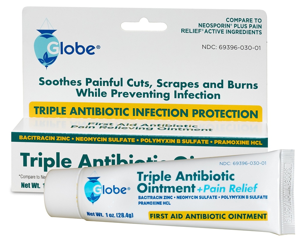 Globe Triple Antibiotic + Pain Relief Dual Action Ointment 1oz | First Aid Antibiotic | Soothes Pain, Cuts, Burns and Scrapes | 24 Hour Infection Protection (1 Tube)