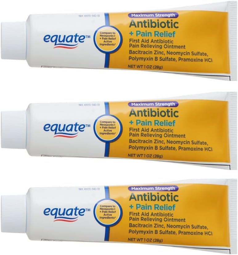 Equate Maximum Strength Triple Antibiotic Ointment Plus Pain Relief, Soothes Painful Cuts, Scrapes, and Burns, While Preventing Infection, 3 Ounce (3 Pack)