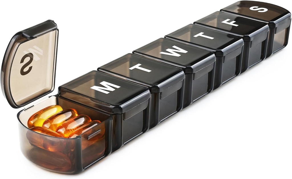 XL Weekly Pill Box Organizer 7 Ημέρα, 1 εβδομάδα Jumbo Pill Repenser Υπόθεση Μία φορά την ημέρα, MOLN HYMY Daily Medicine Container to Hold Medication, Βιταμίνες, ιχθυέλαια και συμπλήρωμα (Μαύρο