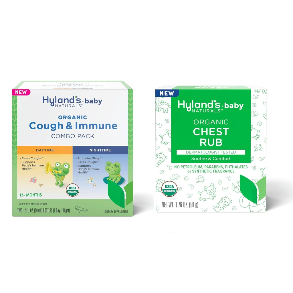 Hyland's Baby Organic Cough & Immune Day & Night Combo Pack, Eases Coughs, Supports Immunity, Promotes Sleep + Chest Rub, Soothe & Comfort Organic Lavender, Peppermint, & Chamomile Flower Oil