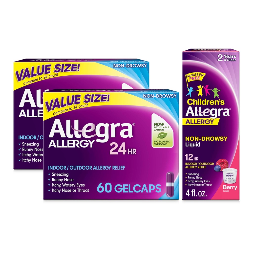 Allegra Allergy Relief Family Bundle, Non-Drowsy Indoor-Outdoor Allergy Medicine with Fexofenadine HCI, Adult 24HR Gelcaps, 60 ct, 2 pk, Children's 12HR Liquid, Berry, 4 oz.
