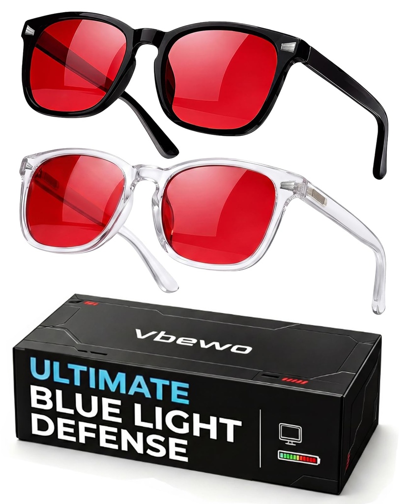 2 Packs Professional Sleep Glasses with 99.9% Blue Light Blocking | Anti Fatigue & Eye Strain for Better Sleep, Red Light Lens, UV Protection, Computer Gaming Glasses for Men Women