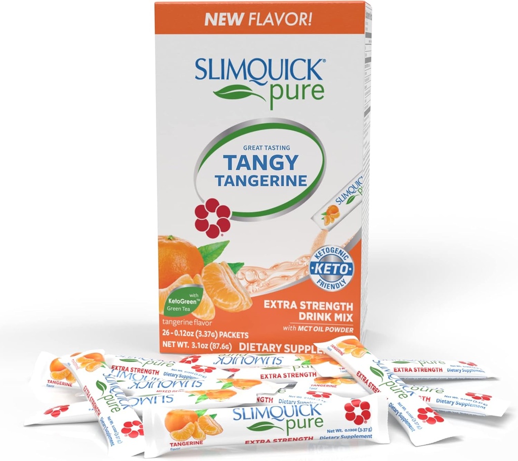 SlimQuick Extra Strength Weight Management Drink Mix for Women, Tangerine - Βοηθά στο μεταβολισμό, διατηρεί πλήρη για περισσότερο με πράσινο τσάι, καφεΐνη, Chaste Tree, Rhodiola Extract - 26 Count