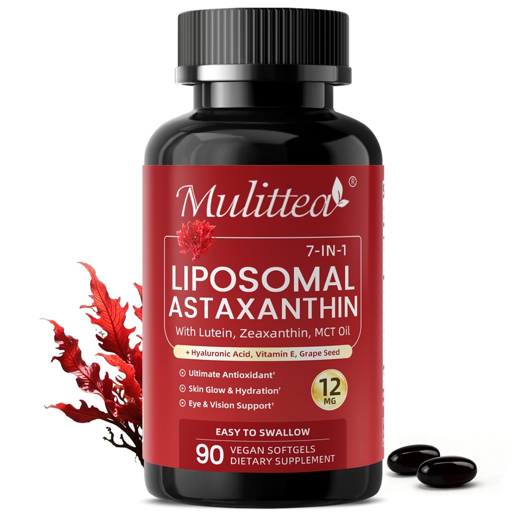 Liposomal Astaxanthin 12mg with Hyaluronic Acid & Lutein for Skin & Eye | 7-IN-1 Vegan Softgels with Vitamin E, Zeaxanthin, Phospholipids & MCT for Antioxidant, Skin Hydration, GMP, Gluten Free, 90ct