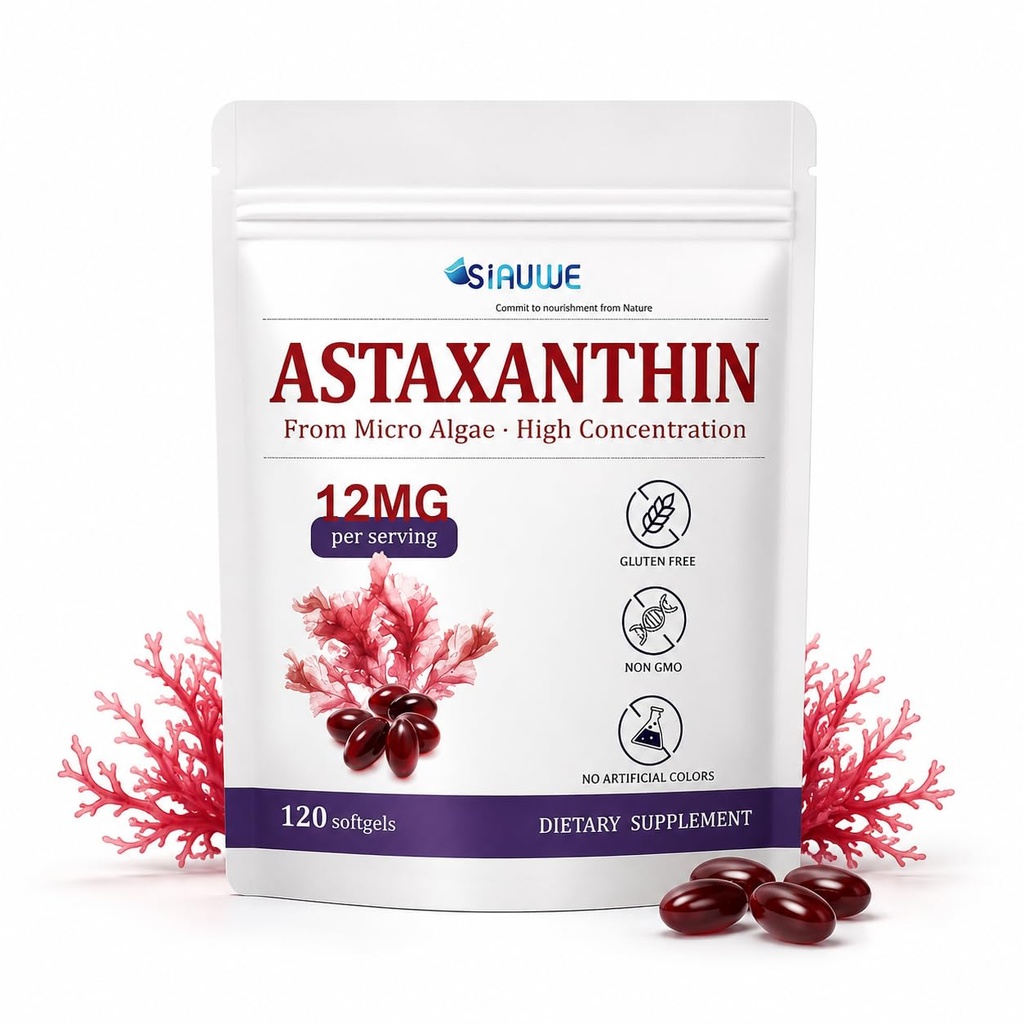 Astaxanthin 12mg Supplement, Natural Microalgae Softgels, 120 Count | Eye, Skin & Immune Support, Non-GMO formula, daily antioxidant nutrition, natural microalgae sourced softgels