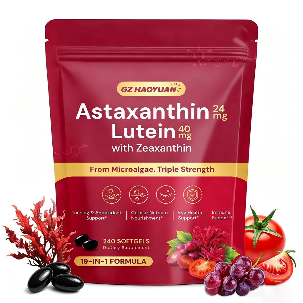 19 in 1 Astaxanthin 24mg, 8 Month Supply, Astaxanthin Supplements Sourced from Fresh Microalgae with Lycopene, Grape Seed, Vitamin E, Supports Eye, Immune, Skin Health, Antioxidant - 240 Capsules