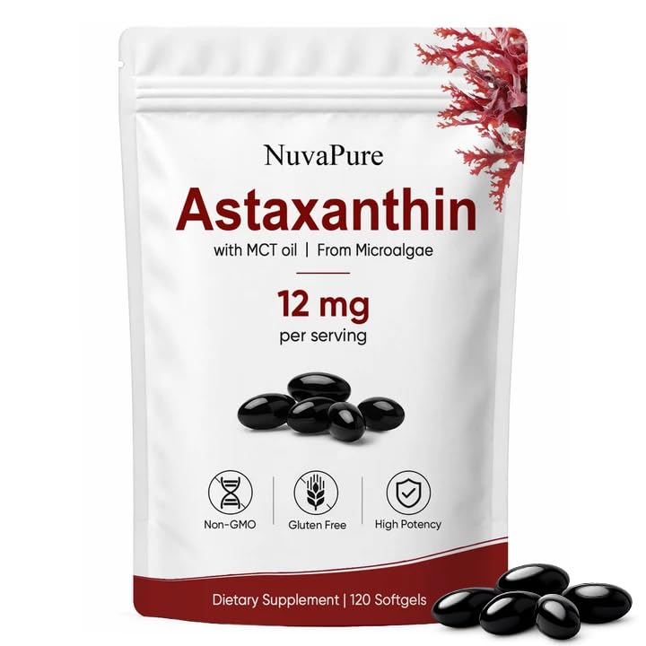 NuvaPure Astaxanthin 12mg Softgel Capsules with MCT Oil –Supports Antioxidant, Skin Radiance & Eye Health, Non-GMO, Gluten Free, 120 Count