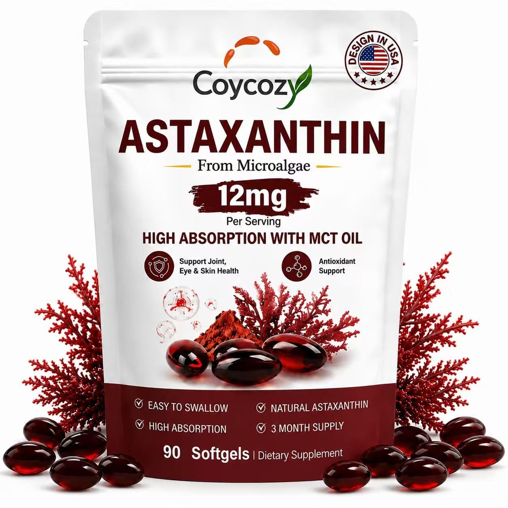 Astaxanthin 12mg Natural Microalgae Source Supplement with MCT Oil | Support Eye Skin Joint Health,Internal Circulation,3 Month Supply,Easy-to-Swallow Softgels 90 Softgels
