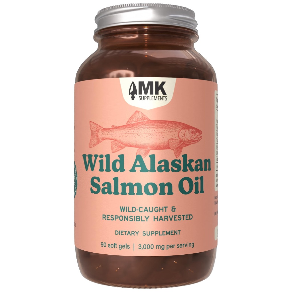MK Supplements Wild Alaskan Sockeye Salmon Oil, Omega-3 EPA DHA | Tested for heavy metals/rancidity, 90 softgels, EPA and DHA per serving, astaxanthin, vitamins A and D, amber glass