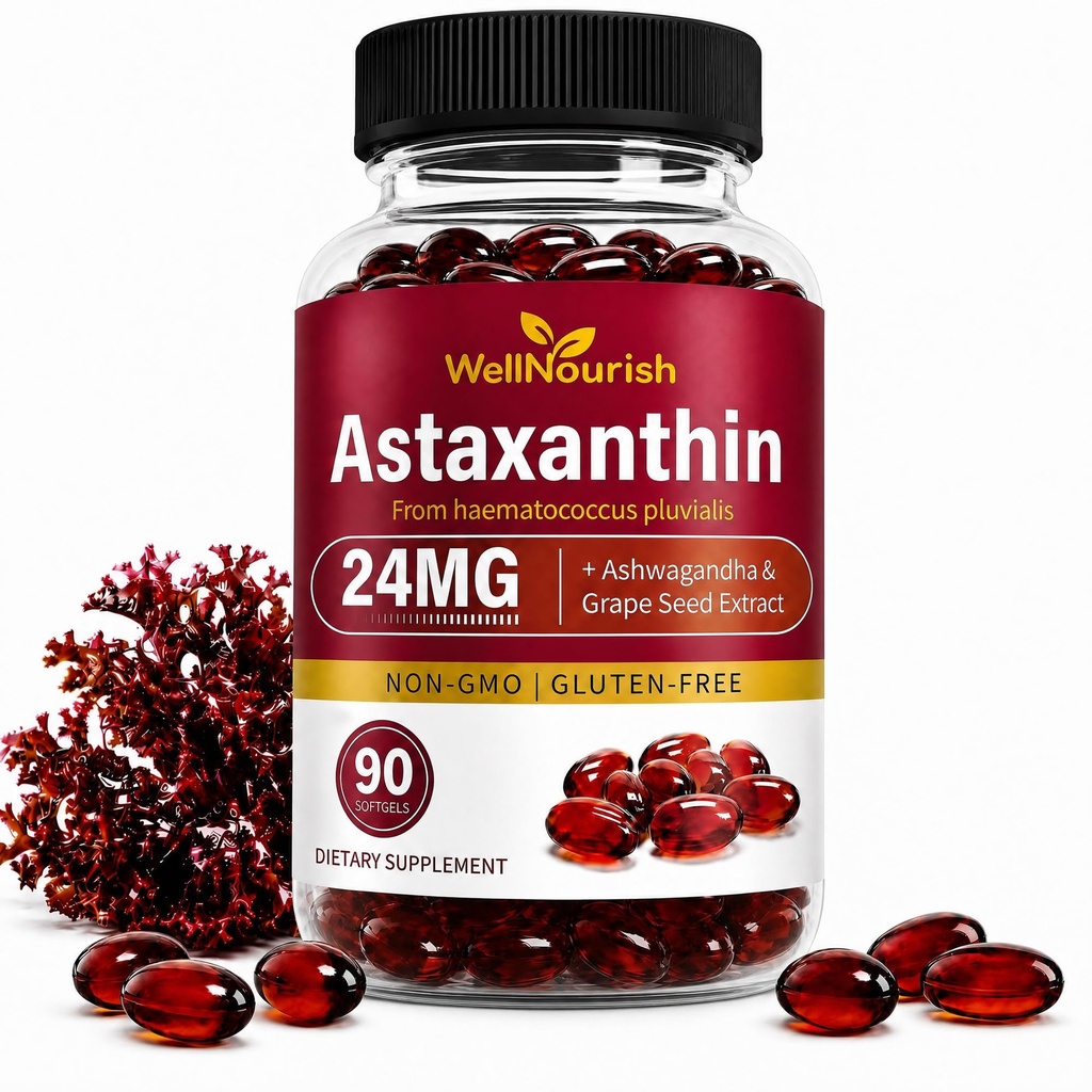 Astaxanthin 24mg Softgels from Microalgae, 90 Count | Natural astaxanthin from Haematococcus pluvialis plus 200mg grape seed extract and 200mg ashwagandha per serving