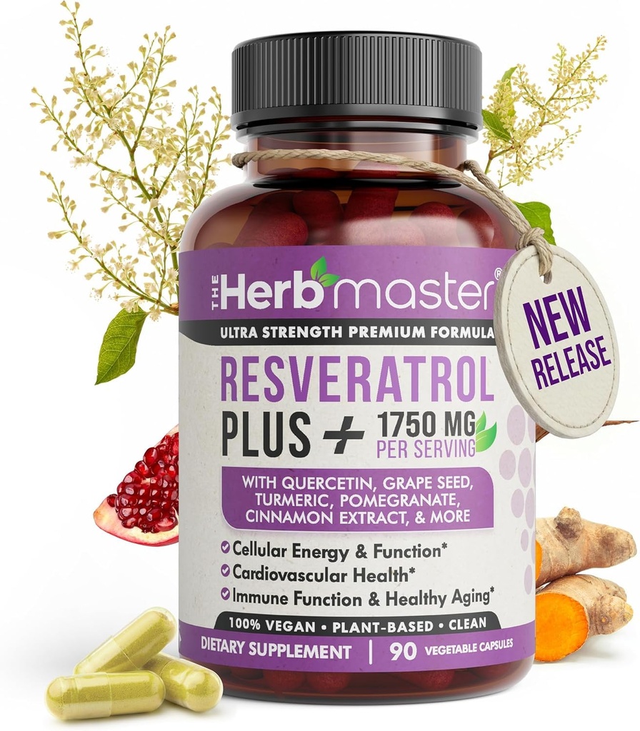 HERBMASTER Resveratrol Plus, 1750mg Synergistic Blend - 90 Capsules | 98% Ultra-Pure Trans-Resveratrol from Japanese Knotweed & Polyphenols - Antioxidant Support for Heart, Aging & Energy