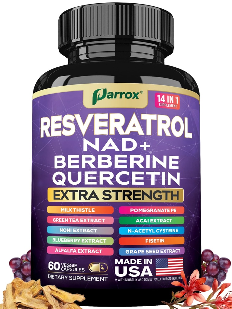 Resveratrol Supplement, 14-in-1 NAD, Berberine & Quercetin, 60 Capsules | Milk Thistle, NAD, Berberine, Quercetin, Fisetin, Pomegranate, Green Tea, Acai, Grape Seed & N-Acetyl Cysteine