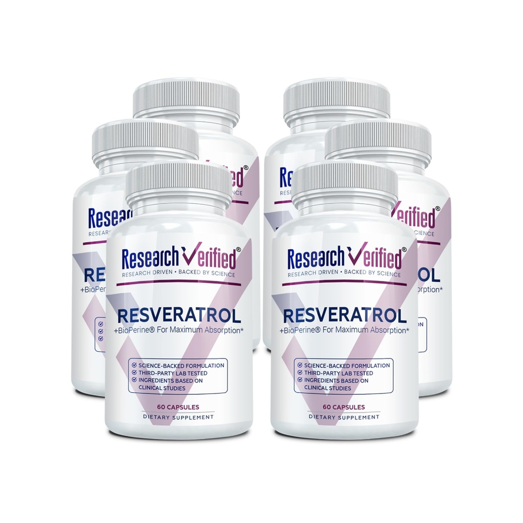 Research Verified Resveratrol - 98% Trans-Resveratrol 1000 mg, Anti-Aging Support - 60 Capsules per Bottle - 6 Bottles