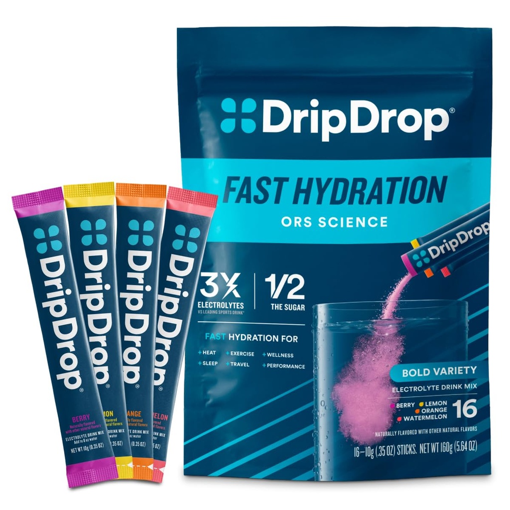 DripDrop Hydration Packets - Bold Variety Pack - Single Serv Electrolytes Powder Drink Mix - Καρπούζι, μούρο, λεμόνι, πορτοκάλι - Μη-GMO, Χωρίς γλουτένη, Vegan - 16 Sticks