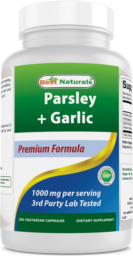 Best Naturals Μαϊντανός και σκόρδο 1000 mg ανά Σερβίρισμα 250 κάψουλες χορτοφάγων. Χωρίς γλουτένη και μη ΓΤΟ.