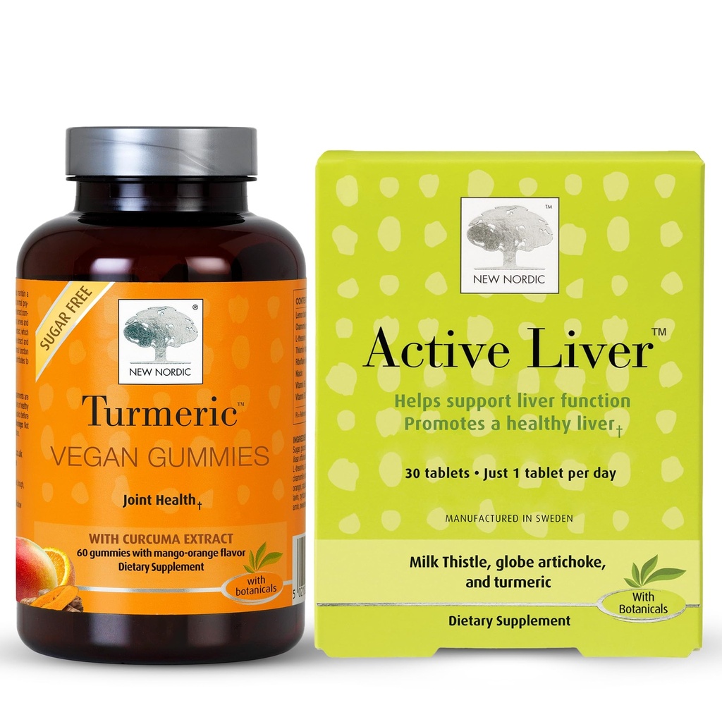 NEW NORDIC Liver & Joint Support Bundle, 3pk Active Liver Tablets with Milk Thistle Plus 1pk Turmeric Curcumin Gummies Supplement