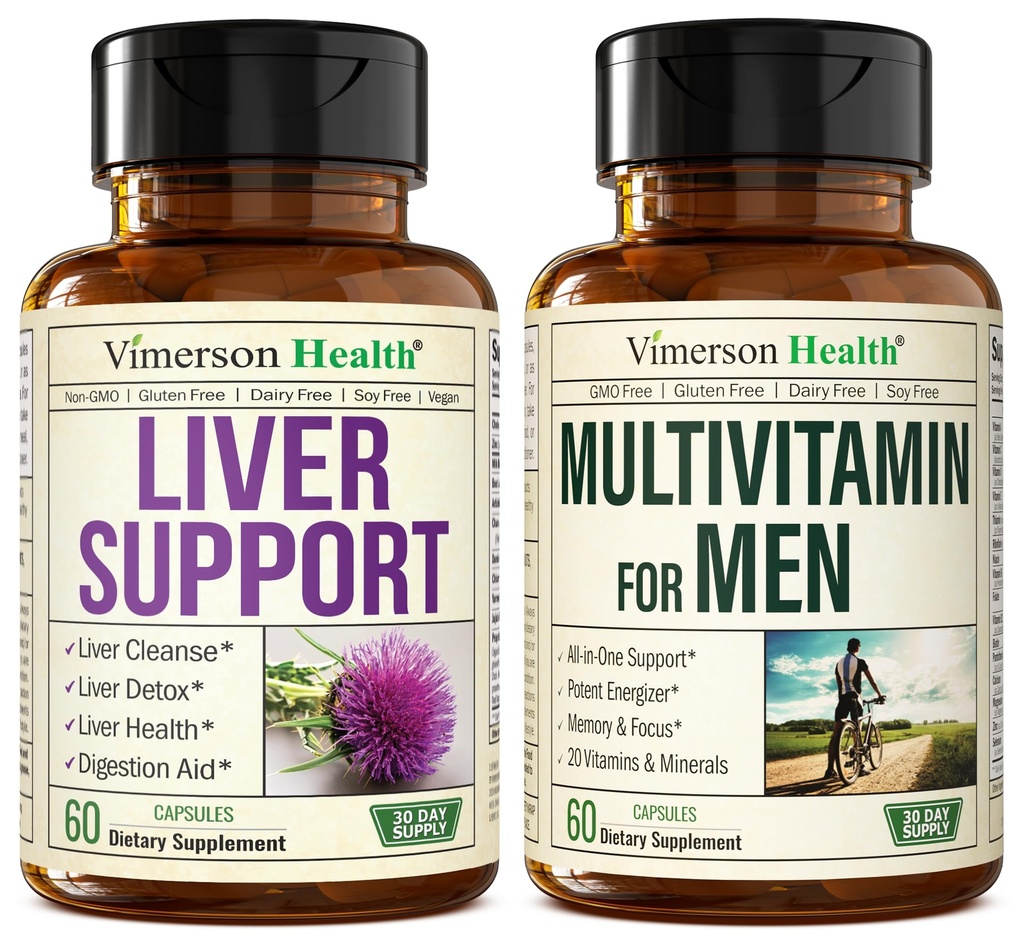 Liver Health + Men's Multivitamin Bundle. Liver Cleanse & Detox - Artichoke, Milk Thistle, Ginger, Celery. Vitamins for Men - Immune Support, Energy & Antioxidant Supplement