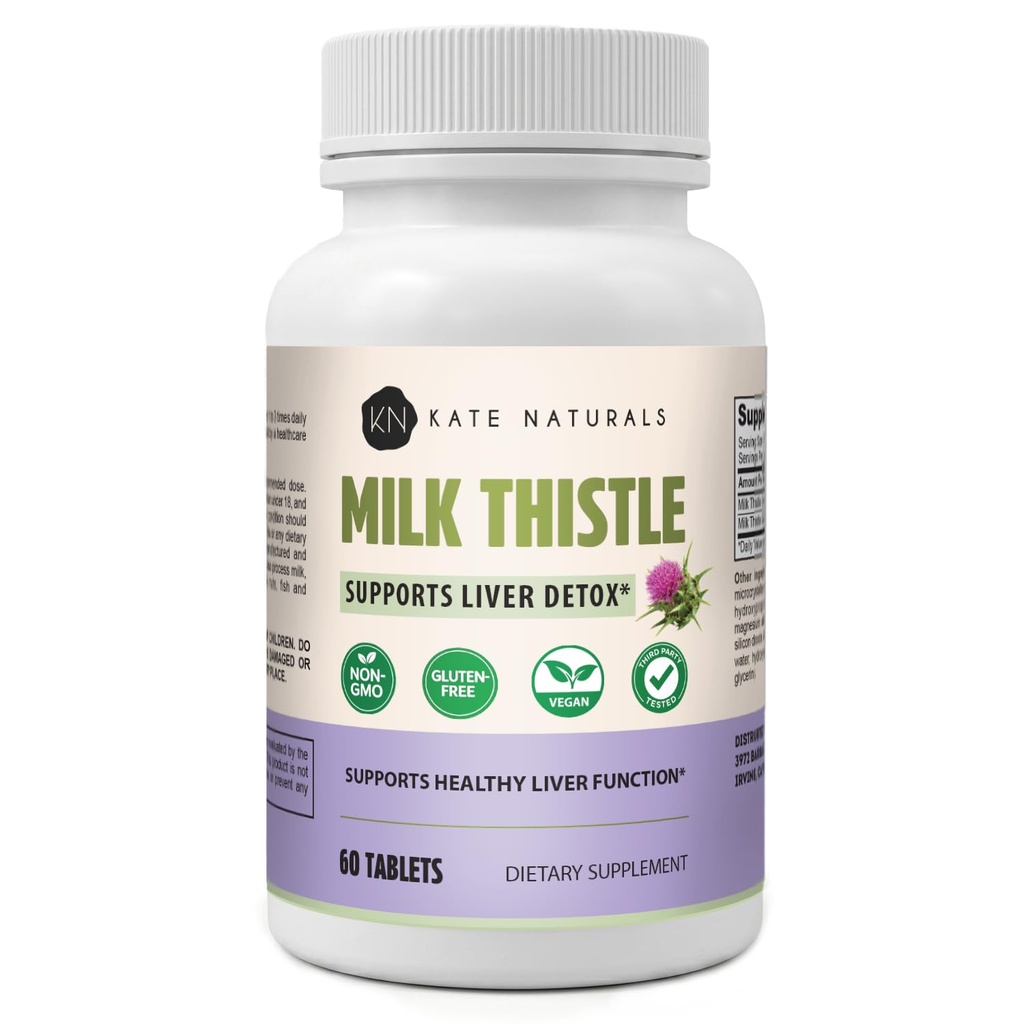 Kate Naturals Milk Thistle Tablets 450mg Per Capsule, Liver Support Supplement, Non-GMO, 60 Tablets
