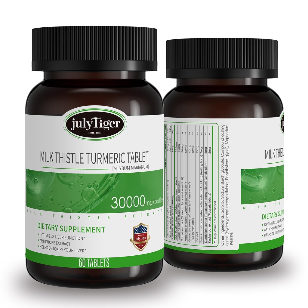 Julytiger Milk Thistle Liver Detox 500mg Extract with Rhizoma Curcumae Longae, Artichoke Extract and Inositol,Liver Cleanse Detox & Repair – 60 Tablets
