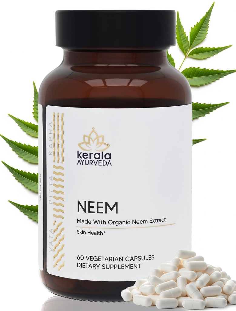 Kerala Ayurveda Organic Neem Tablets (60 Capsules) | Promotes Clear Skin, Immune Support | Liver Support Herbal Supplement, Detox Aid Containing Antioxidants for Youthful Appearance | Prop65 Compliant