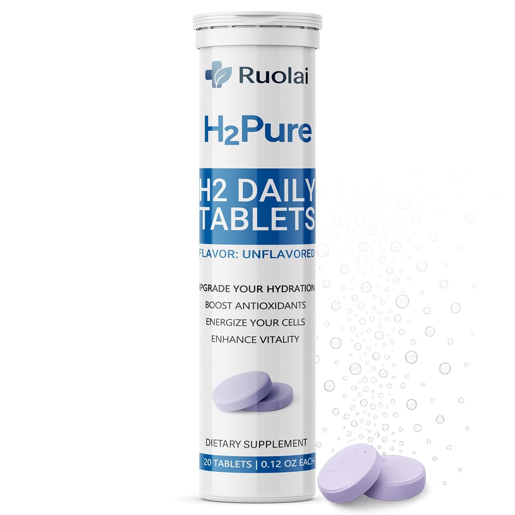 Ruolai H2pure Hydrogen Tablets – H2 Tabs – Fast-Dissolving Hydrogen Supplement for Cellular Hydration, Detox, Liver & Mental Clarity – Caffeine-Free, Veg (Unflavored)