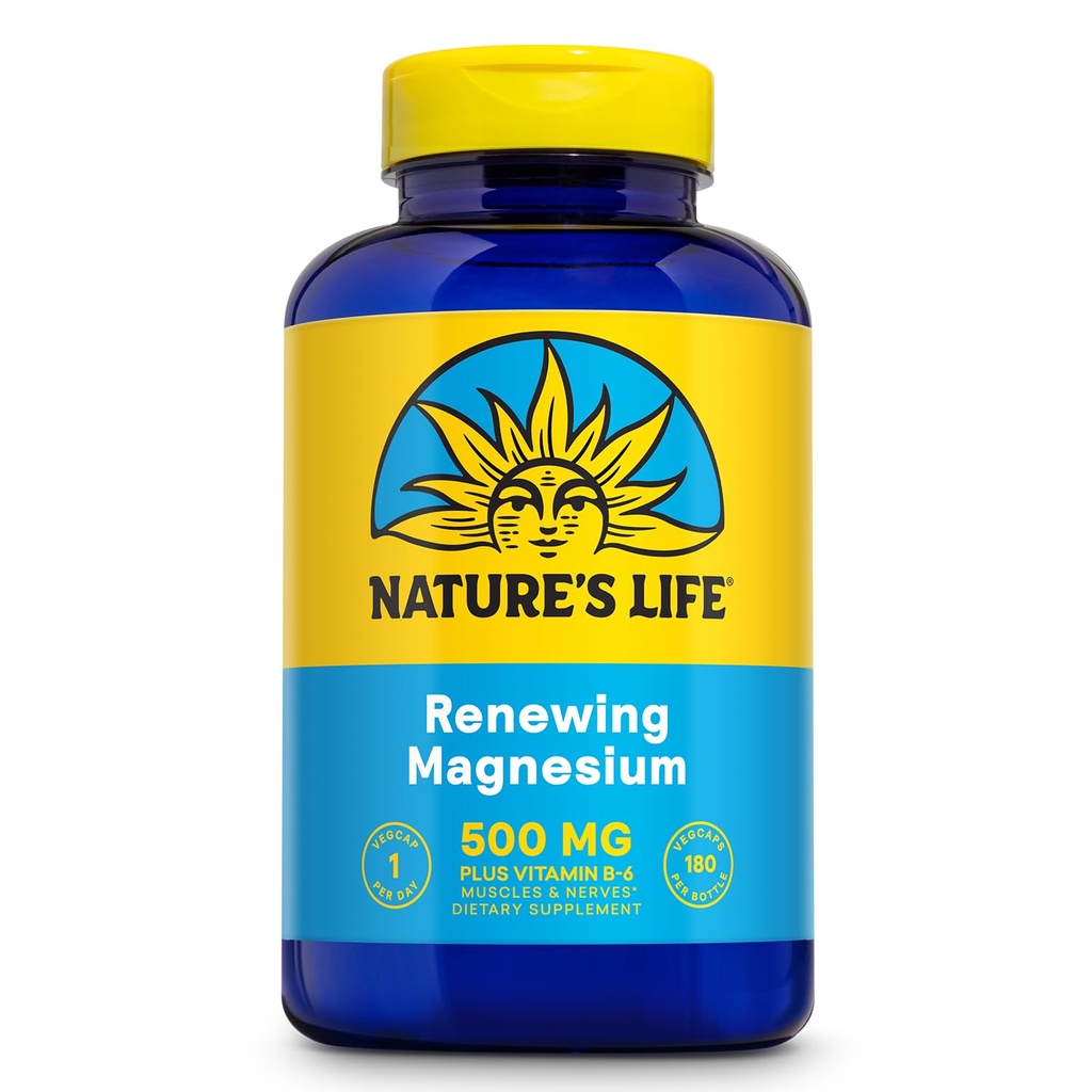 Natures Life Renewing Magnesium 500 mg - Plus Vitamin B-6 - Μυς και Νεύρα Υποστήριξη - Εργαστήριο Επαληθευμένο (180 Σερβιέτες, 180 VegCaps)