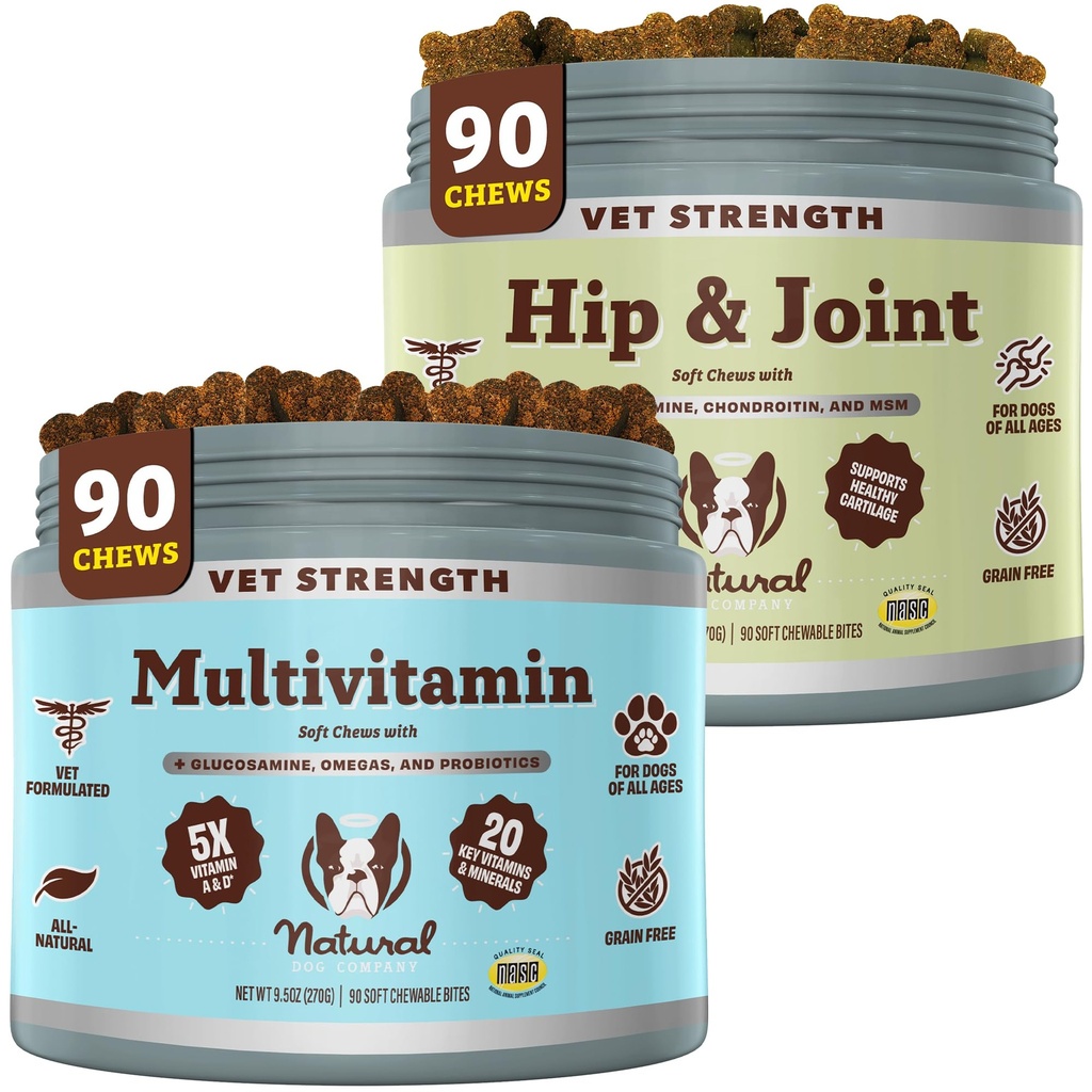 Natural Dog Company Senior Dog Health Bundle – Vet Strength Hip & Joint Chews + Multivitamin Chews for Mobility, Joint, & Immune Support, 90 Ct Each