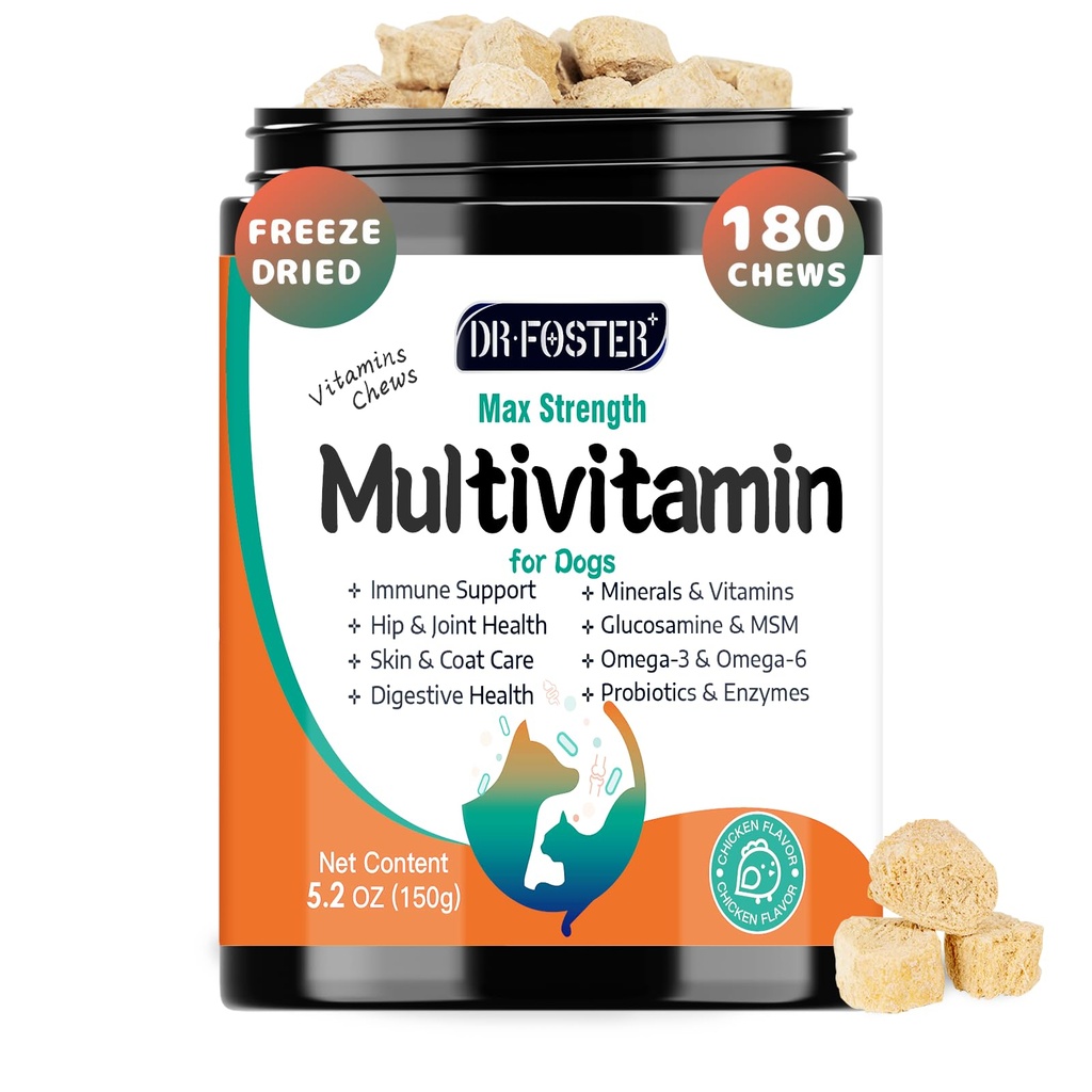 DRFOSTER Dog Multivitamin Supplements, Chicken Flavor, 180 Bites | Dog Vitamins and Supplements with Glucosamine, Probiotics & Omega-3 for Joint, Digestive, Skin, Coat & Immune Health