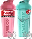VELOMIX 2 Pack 28oz Protein Shaker Bottle for Protein Mixes, Pink/Turquoise | 2x Wire Whisk, Leak Proof Shaker Cups for Protein Shakes, Stackable, Dishwasher safe, BPA free, Pre Workout and Fitness ready
