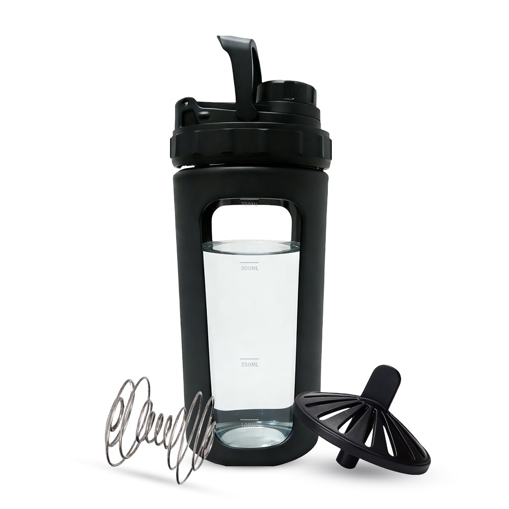 BYLWORKOUT 26 oz Glass Shaker Bottle with Silicone Sleeve and Mixing Ball