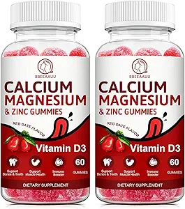 Calcium, Magnesium, Zinc & Vitamin D Gummies - 2 Pack | Vitamins for Women, Men & Kids | Calcium Supplements for Strong Healthy Bones, Zinc Gummies, Gluten-Free, Vegan - 120 Count