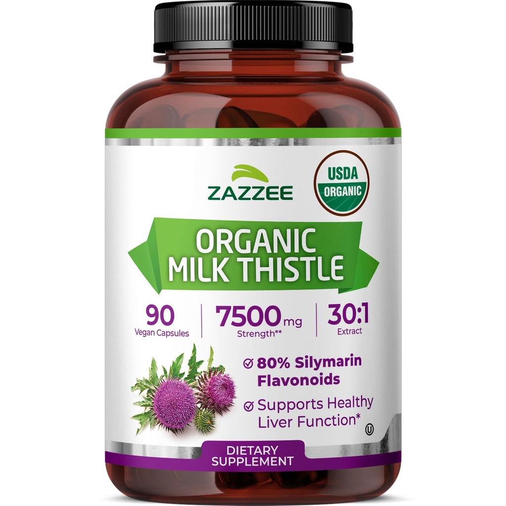 Zazzee USDA Organic Milk Thistle 30:1 Extract, 80% Silymarin, 90 Capsules | Vegan, 3 Month Supply, Certified Kosher, High Potency Liver & Antioxidant Support, Silybum Marianum, Non-GMO, Made in the USA