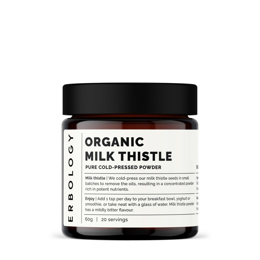 Erbology Organic Milk Thistle Powder 2.1 oz - 20 Servings - 180mg Silymarin per Serving - Liver Health - Cold-Pressed from 100% Milk Thistle Seeds - Sustainably Sourced in Europe - Vegan - GMO-Free