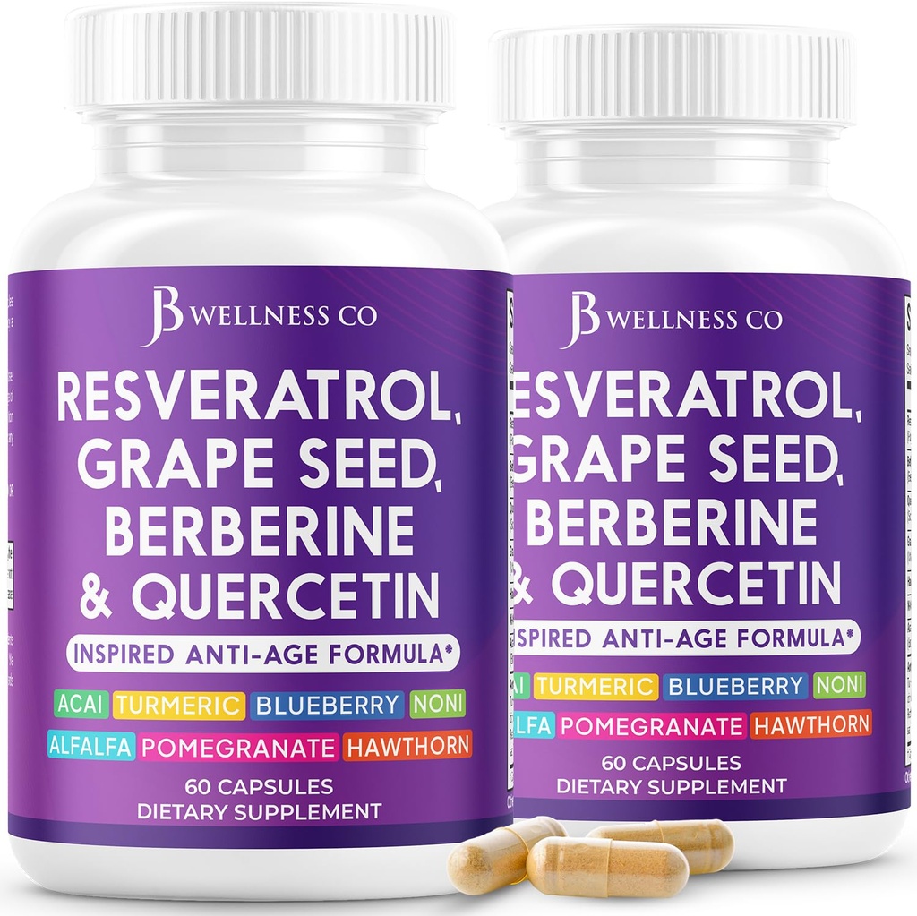 JB Wellness Resveratrol, Grape Seed Extract, Berberine, Quercetin - Polyphenol Supplement for Women and Men with Noni Extract, N-Acetyl Cysteine, Acai - 180 Capsules