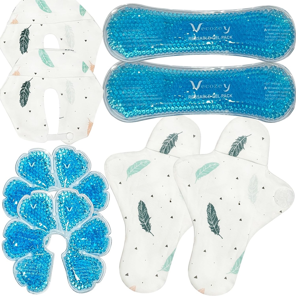 2 Perineal Ice Packs & 2 Breast Therapy Gel Packs Set, Blue | Postpartum Recovery Kit with Soft Washable Covers, Hot Cold Breast & Perineal Gel Pads for Engorgement, Mastitis, Hemorrhoids