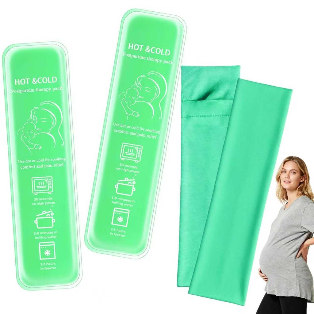 Postpartum perineal ice Pack, Hot and Cold Ice Pack for Women After Pregnancy, Postpartum Ice Pack for Recovery, Affordable & Reusable，2 Ice Packs and 2 Washable Sleeves. (Pink Flower) (Green)