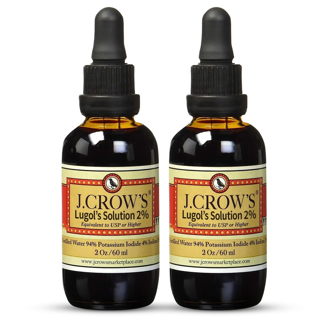 J.CROW'S® Lugol's Solution of Iodine 2% 2 oz (2 μπουκαλάκια) – Premium ιωδιούχο, γλουτένη και, εκχύλισμα αιθάλης χωρίς αλκοόλη, Χωρίς Λήξη
