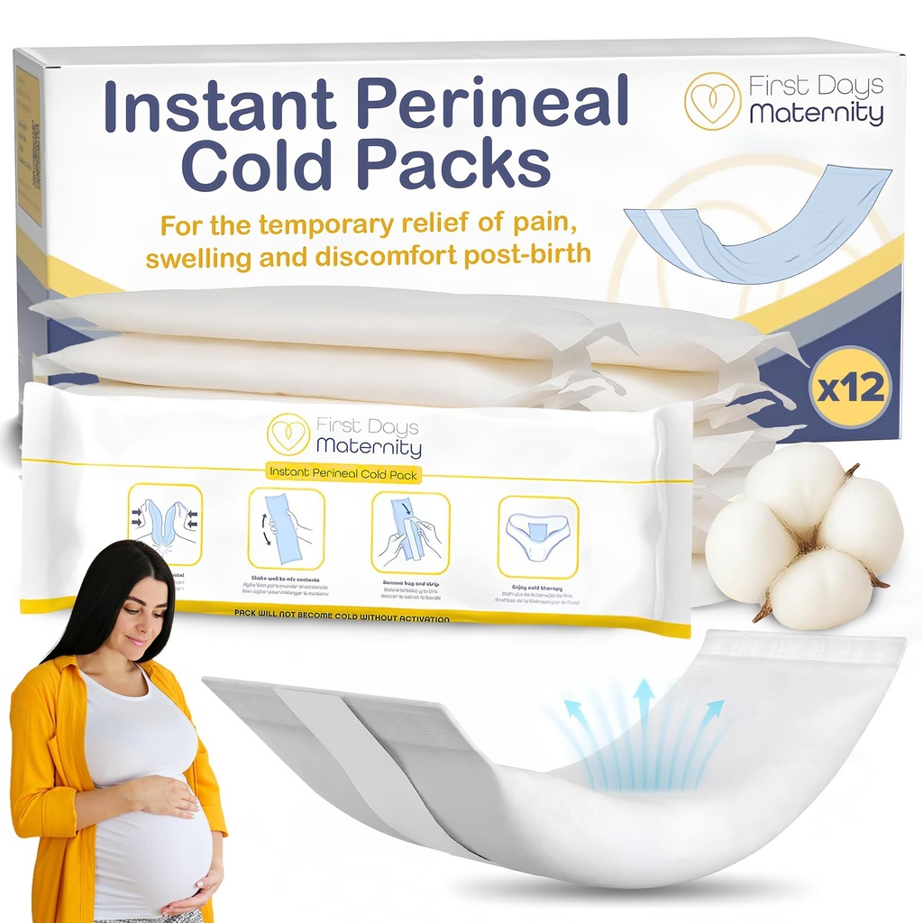 First Days Maternity - 2-in-1 Instant Perineal Cold Packs for Postpartum - Cooling, Absorbent, Disposable - Ideal for Hospital Bag - New Mom Maternity Pad Essentials (12)