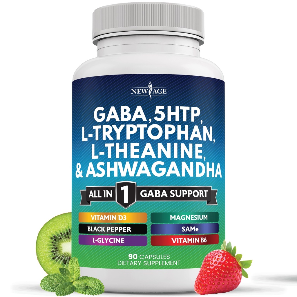 NEW AGE GABA 750mg 5 HTP 200mg L Tryptophan 500mg L Theanine 200mg Ashwagandha SAM-e L-Glycine - Vitamins for Women and Men with 5-HTP (5-Hydroxytryptophan) - 90 Count