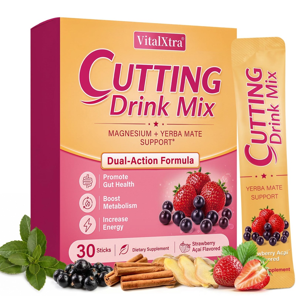 Cutting Drink Mix - Compound Formula with Berberine, Chromium, FOS, Yerba Mate & 5-HTP for Satiety Signaling, Metabolism, Energy & Digestive Health, Non-GMO, Strawberry Açaí - 30 Sticks