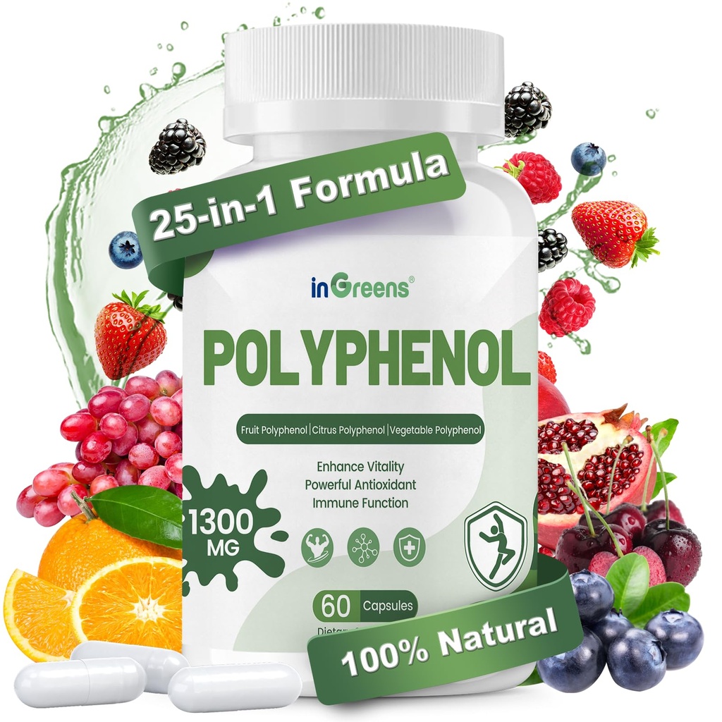 inGreens 25-in-1 Polyphenols Supplement, Quercetin, Resveratrol 60 Capsules | Potent Polyphenol Antioxidants (Quercetin, Resveratrol) Plant Superfood for Anti-Aging, Energy & Immune Support