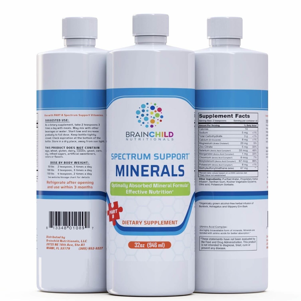 BrainChild Nutritionals Spectrum Support Minerals Liquid Supplement for Autism - Well Absorbed for Kids & Adults on the Spectrum, Ultra-Colloidal Suspension, Casein-Free, Unflavored 32oz