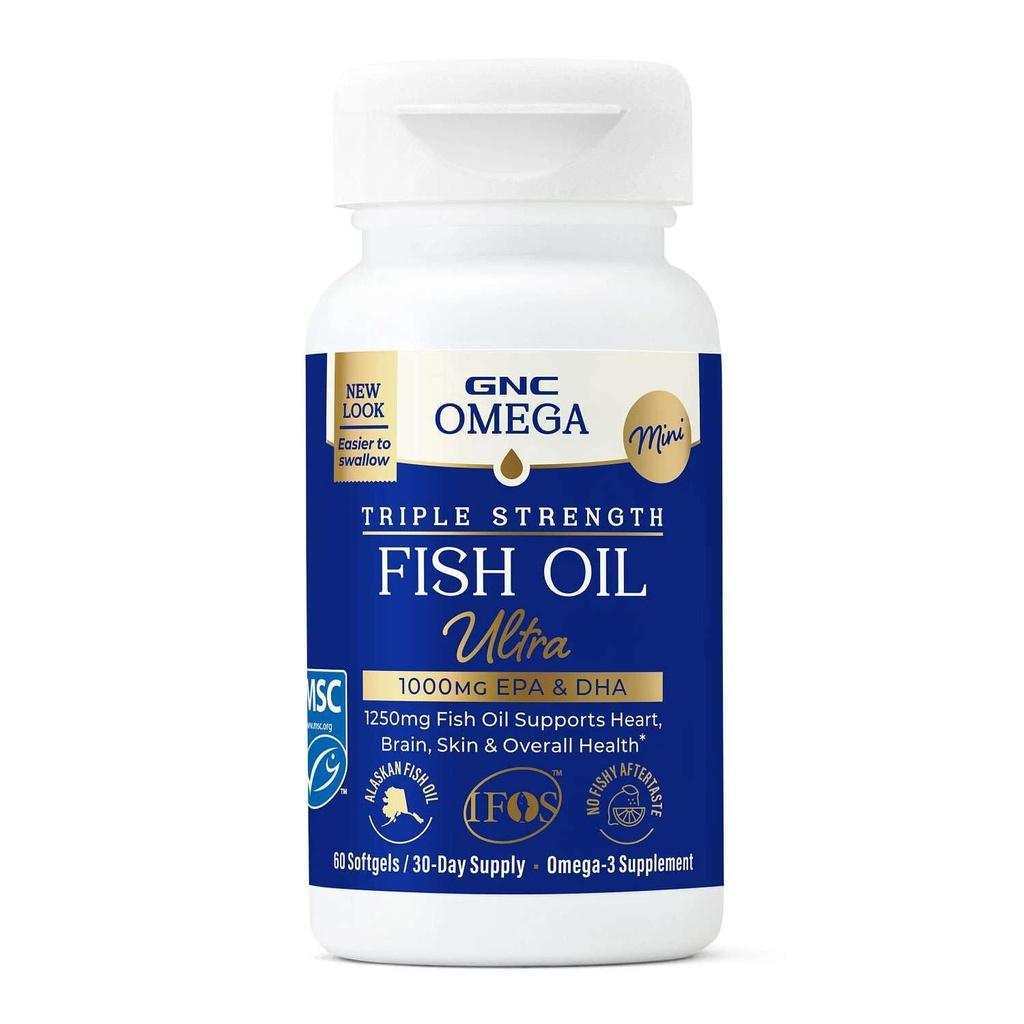 GNC Omega Triple Strength Fish Oil, Omega-3 Supplement, 60 Softgels | Delivers 1000mg EPA and DHA to Support Heart, Brain, Skin and Overall Health in an Easier to Swallow Softgel