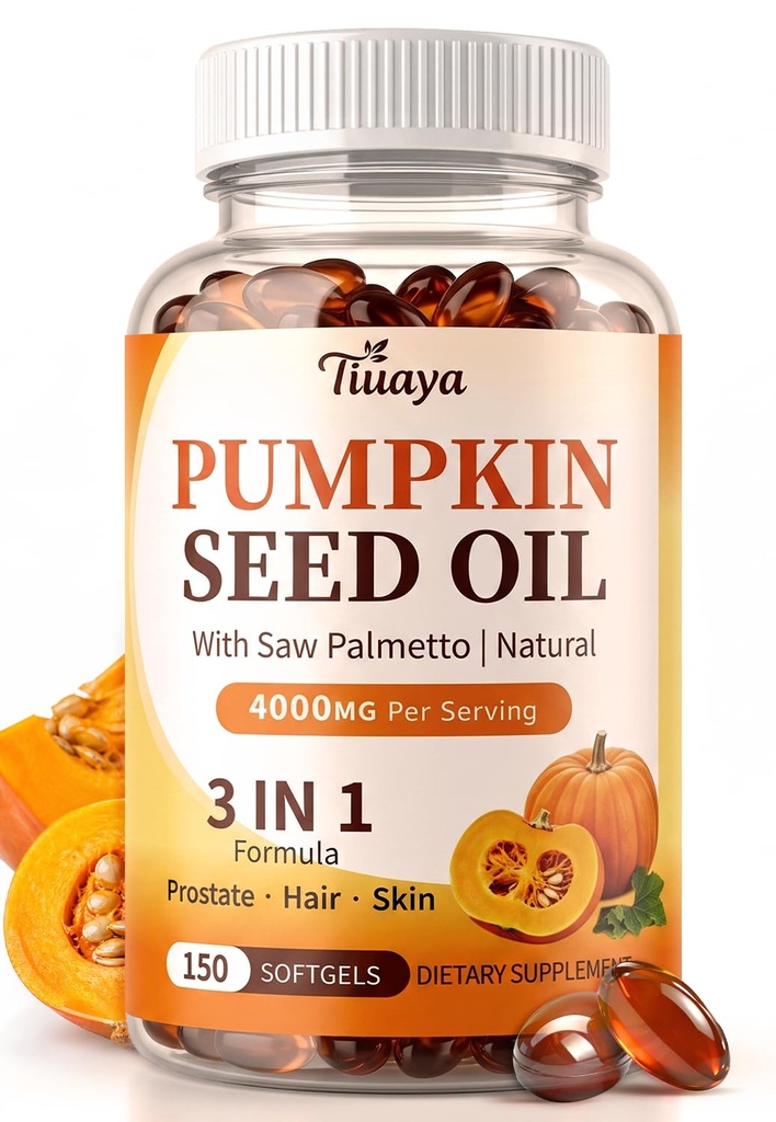 Pumpkin Seed Oil with Saw Palmetto, 4000mg Max Strength Per Serving | Pumpkin Seed Oil Capsules, 150 Softgels, 50 Day Supply, Supports Hair, Urinary, Bladder & Prostate Health