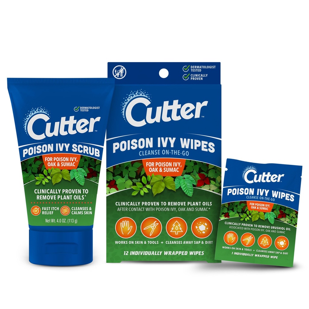Cutter Poison Ivy Cleansing Scrub & Wipes Bundle, 4 oz, 12 Count | Poison ivy, oak and sumac skin care bundle with scrub and wipes for outdoor use after hiking, gardening, camping or yard work