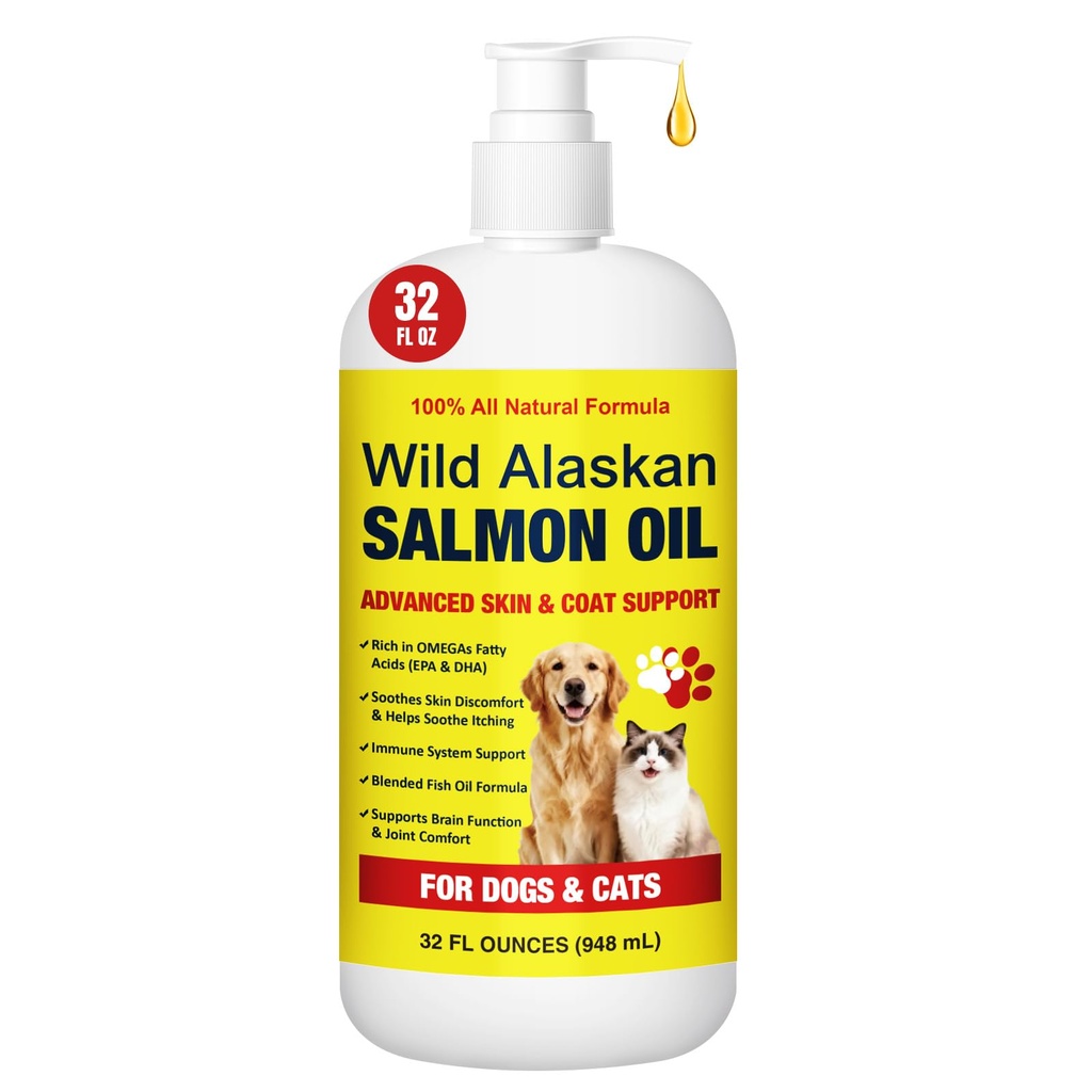 Wild Alaskan Salmon Oil for Dogs & Cats - 32oz Omega 3 Fish Oil with EPA DHA Fatty Acids, Skin & Coat Support, Itchy Relief, Immune & Joint Support, Liquid Food Topper for Heart & Brain Health