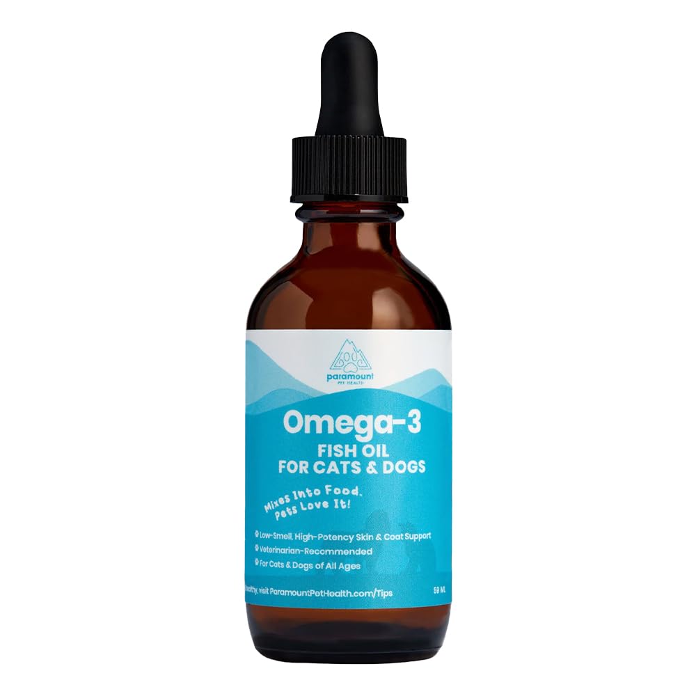 Wild-Caught Omega 3 Fish Oil for Dogs & Cats, Liquid EPA DHA Supplement for Skin, Coat, Joints & Heart, Low-Odor Omega 3 Drops for Small Dog Breeds & Cats with Itchy Skin, 2 oz