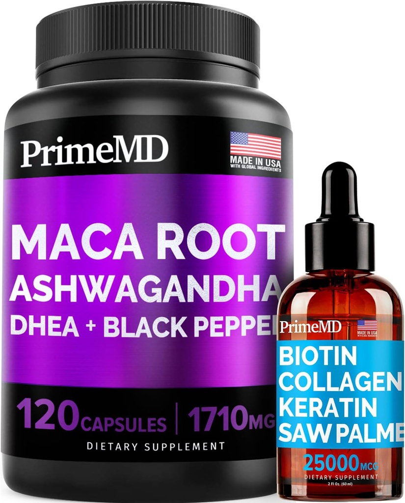 4-σε-1 Liquid Biotin Collagen Keratin Saw Palmetto Drops (2 fl oz - 1 Pack) & 6-σε-1 Maca Root Ashwagandha w Black Pepper Fruit (120ct) Bundle - Μαλλιά, δέρμα, νύχια, ενέργεια & Mood συμπλήρωμα υποστήριξης