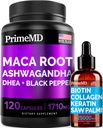4-σε-1 Liquid Biotin Collagen Keratin Saw Palmetto Drops (2 fl oz - 1 Pack) & 6-σε-1 Maca Root Ashwagandha w Black Pepper Fruit (120ct) Bundle - Μαλλιά, δέρμα, νύχια, ενέργεια & Mood συμπλήρωμα υποστήριξης